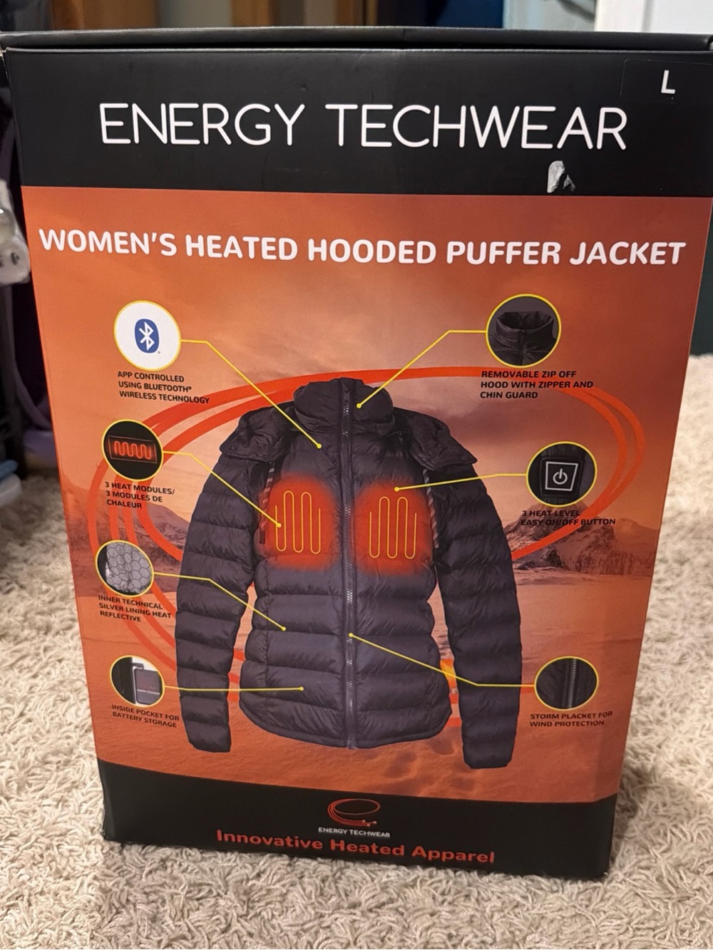 Energy techwear Black Women's Heated Hooded Puffer Jacket